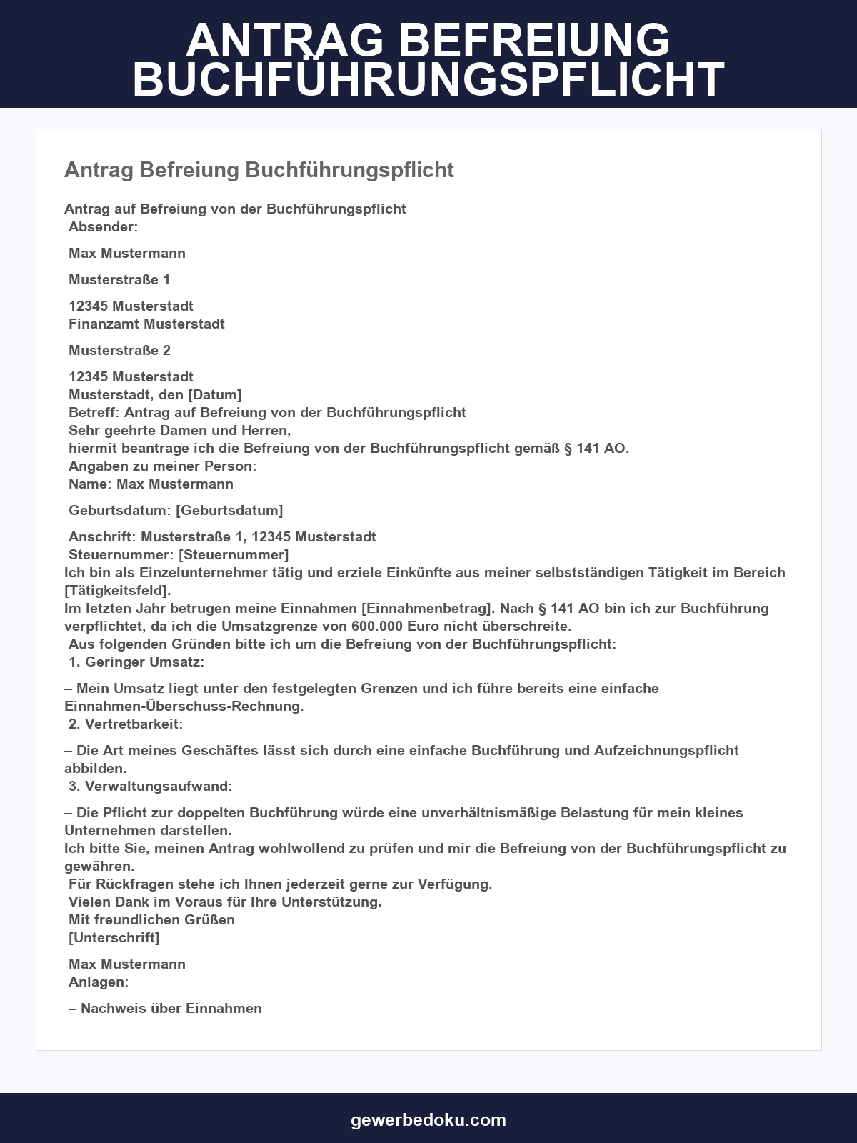Antrag Befreiung Buchführungspflicht Muster