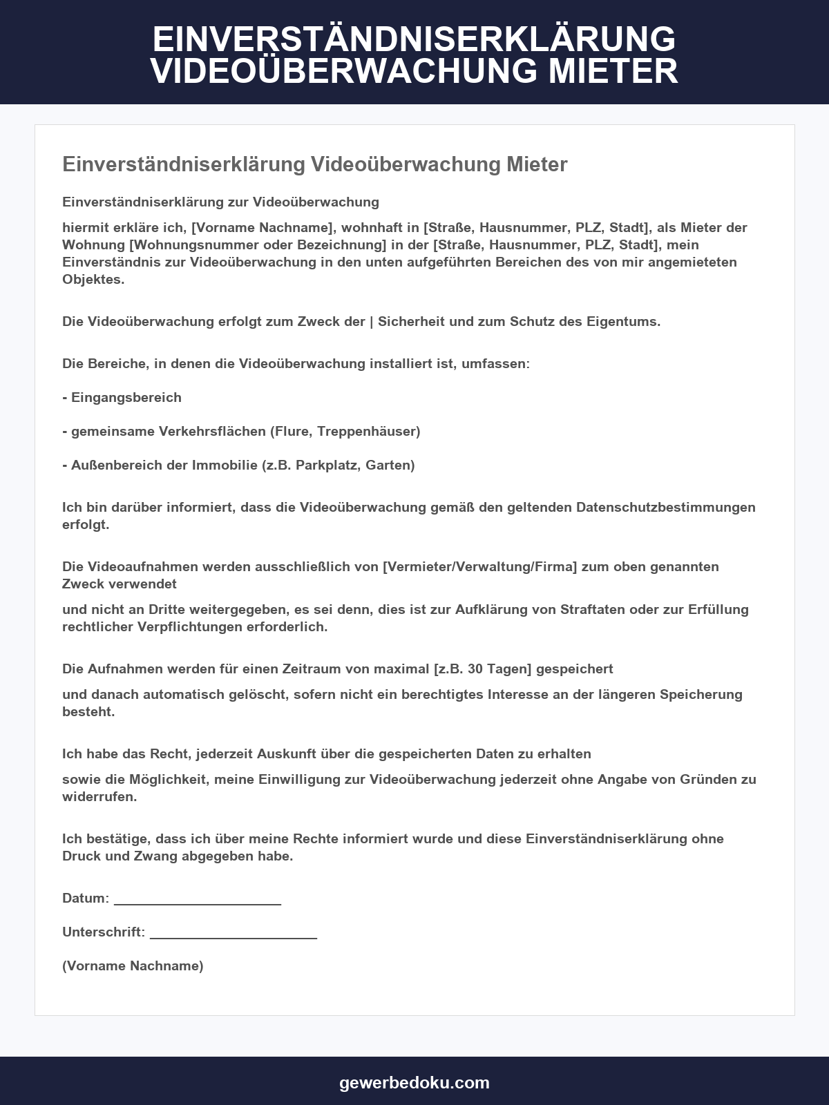 Einverständniserklärung Videoüberwachung Mieter
