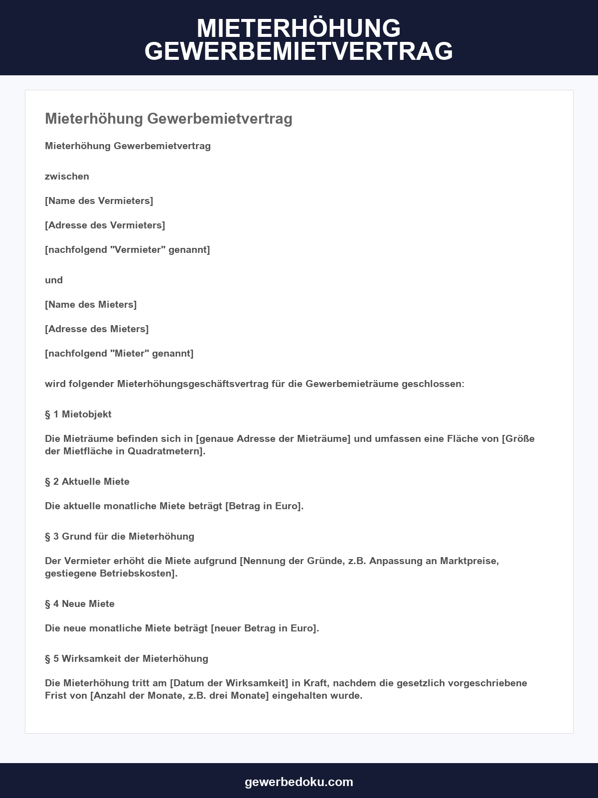 Mieterhöhung Gewerbemietvertrag Vorlage