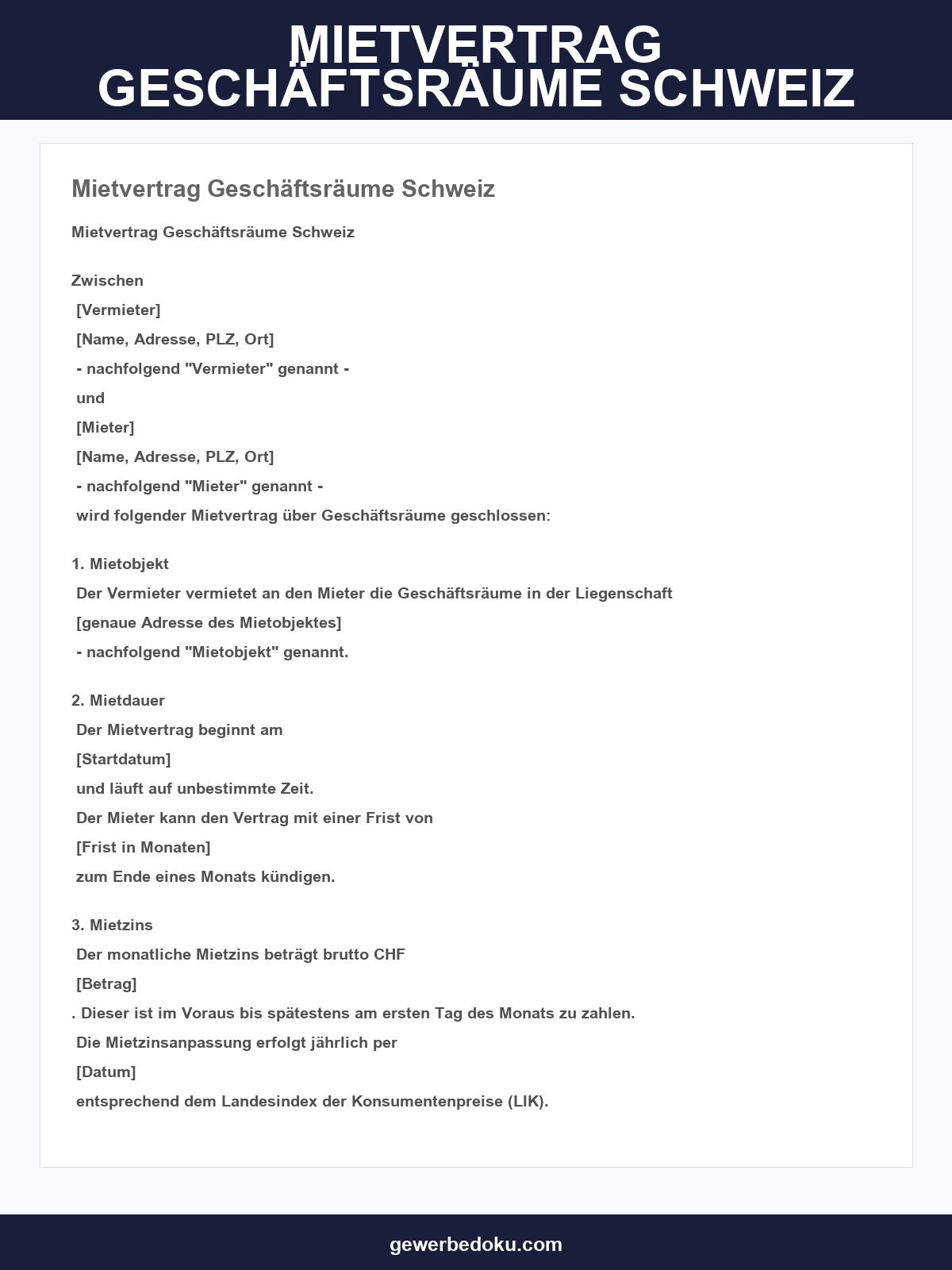 Mietvertrag Geschäftsräume Vorlage Schweiz