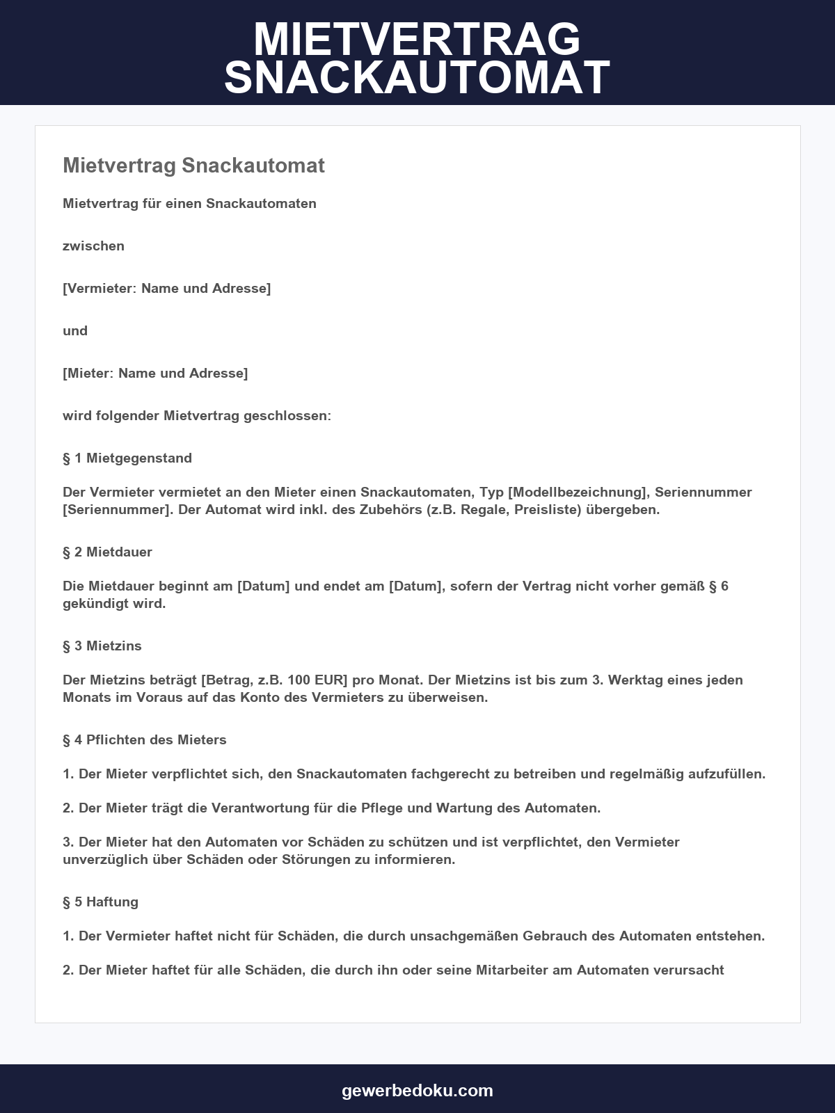 Mietvertrag Snackautomat
