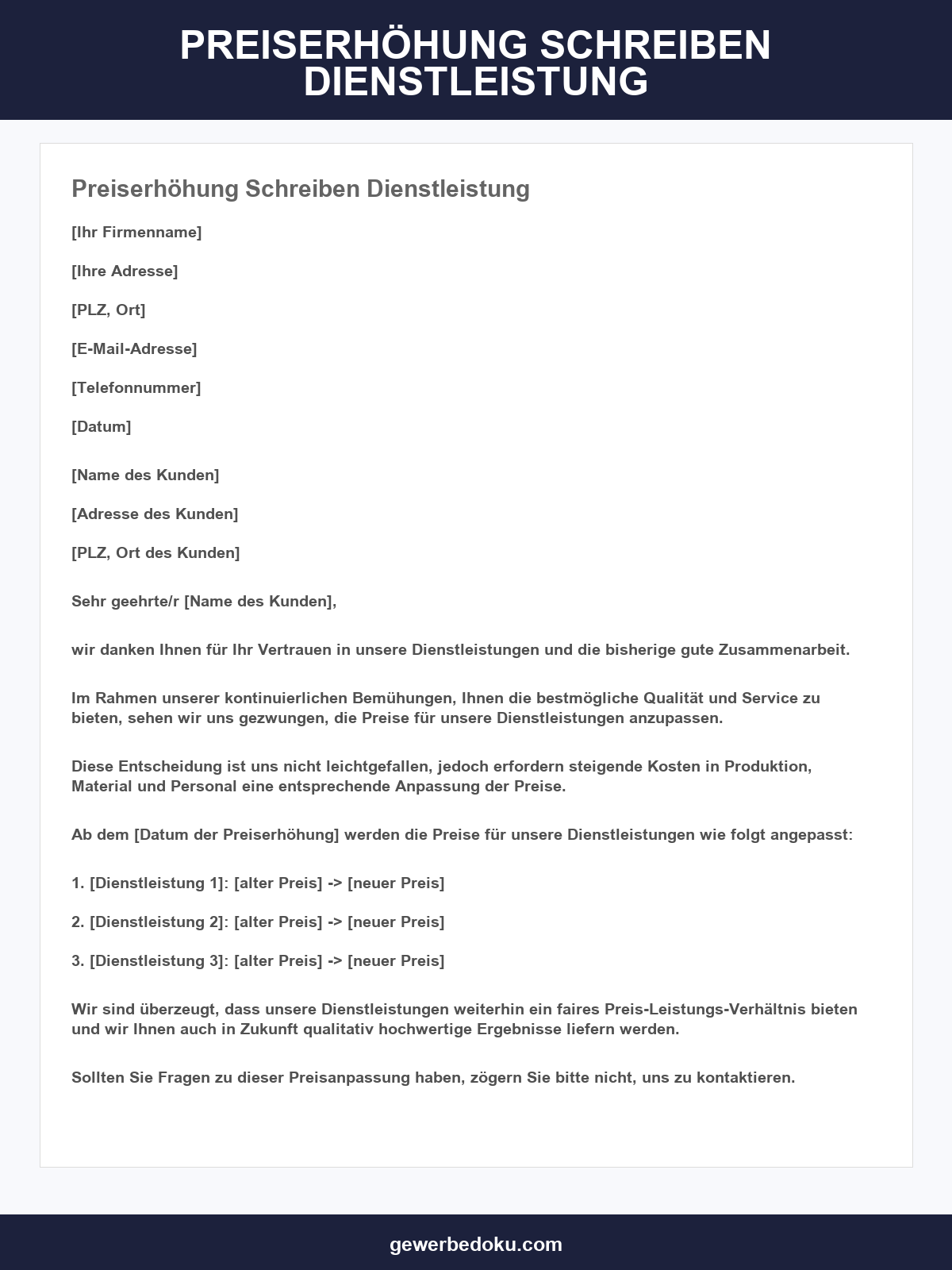 Preiserhöhung Schreiben Vorlage Dienstleistung