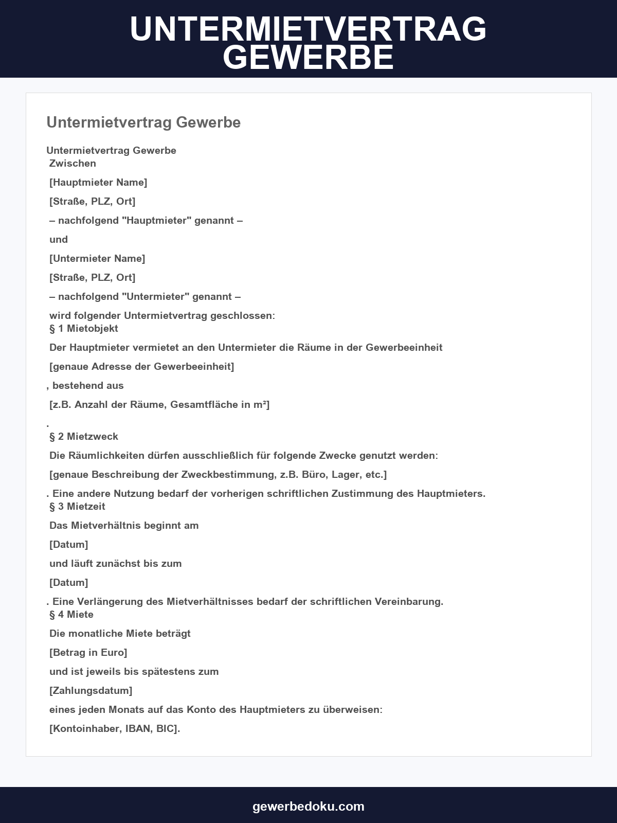 Untermietvertrag Gewerbe Vorlage